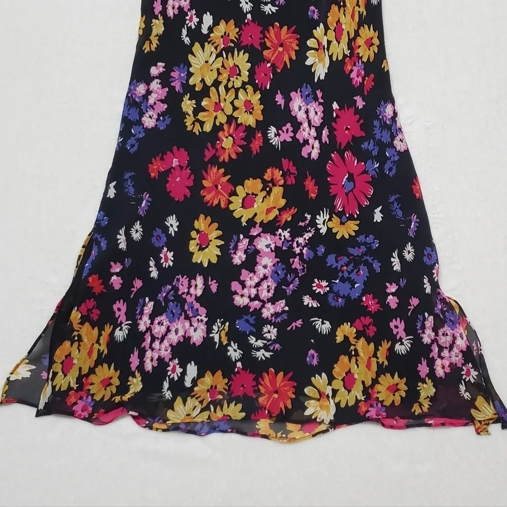 90s-Y2K Vintage Retro Express Silk Chiffon Black Multi-color Floral Midi Skirt S - Picture 6 of 13